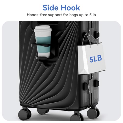 Image of Carry On Luggage, Aluminum Frame Zipperless Suitcase, Black, 20 in | Airline Approved, Hardside, TSA Lock, 360Spinner Wheels, PC, Wet and Dry Separation Pocket, Cup and Phone Holder, Side Hook