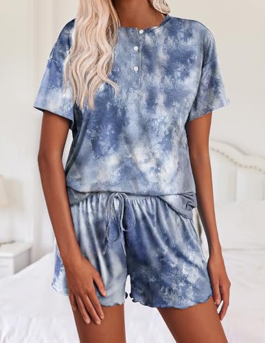 Image of Ekouaer Pajamas Set for Women Short Sleeve Lounge Set 2 Piece Loungewear PJs Soft Cute Lightweight Sleepwear