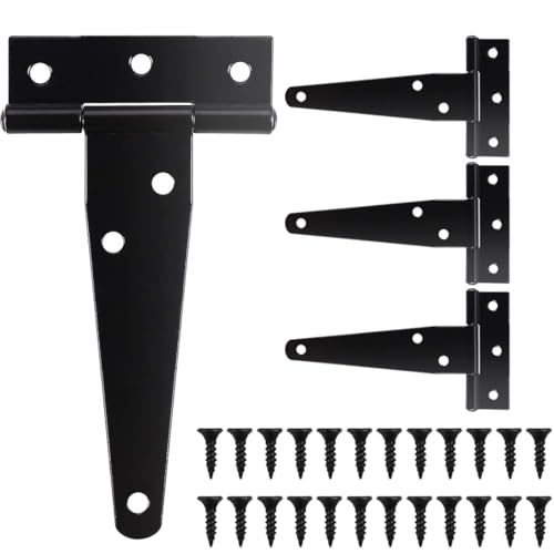 HABNI 4 Pièces Charnières Noires En T 4 Pouces Pour Portes De Hangar Et Jardin Avec 24 Vis Charnières Pliantes En Acier Inoxydable Robustes