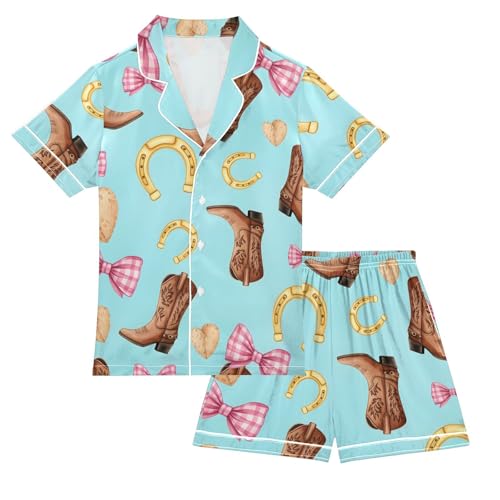 Satin Pajama Sets Short Sleeve Cowboy Boots Horseshoes Hearts Bows Button Down Silky Nightwear 2 Piece PJS 5-14Y