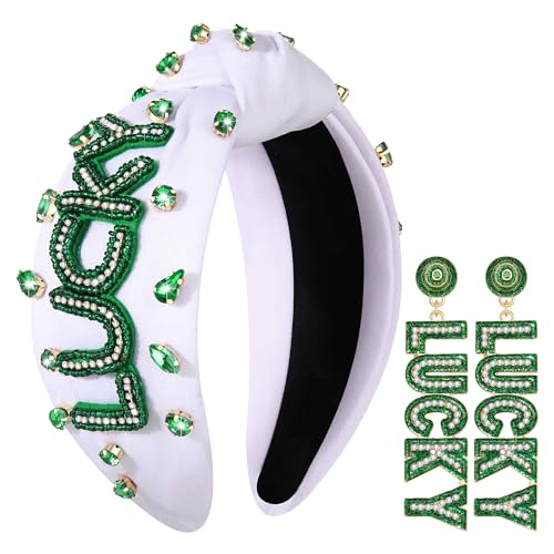 St. Patrick’s Day Headband for Women Lucky Shamrock Knotted Headband Good Luck Headbands Embellished Rhinestone Wide Top Knot Headbands St. Patrick's Day Hair Accessories Irish Holiday Gifts (Lucky)