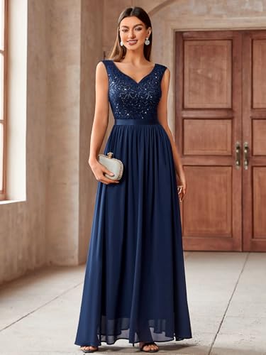 Image of Miusol Women's Sexy Deep V-Neck Sequin Lace Double Sleeveless Evening Party Maxi Dress