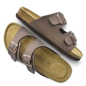 CLOUDAIR Joyce Sandals, Women’s Arch Support Slides, Suede Vegan Leather, Two Adjustable Buckle Straps, Cork Footbed