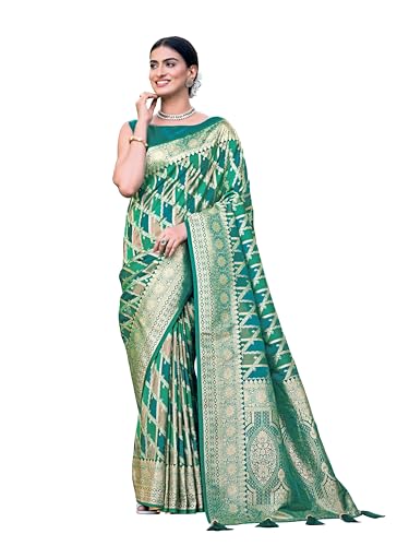 Image of MANOHARI Women's Trendy Banarasi Satin Silk Woven Saree with Heavy Jacquard Work, Elegant Design with Matching Lace Border Unstitched Blouse Piece for Weddings & Festive Occasions