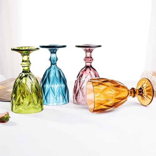 Image of Vintage Wine Glasses Set of 4, Plastic Reusable 12 Ounce Colored Water Goblets, Unique Embossed Pattern Unbreakable Stemmed Wine Glasses, High Clear Wedding Party Bar Drinking Cups Multicolor