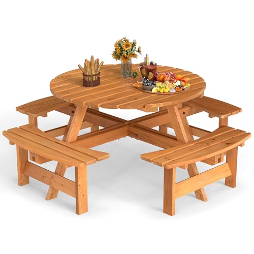 GIANTEX Salon de Jardin 8 Personnes en Bois de Sapin, Table de Jardin Extérieure avec Chaises, Trou de Parasol, pour Réunion Familiale, Fête, Anniversaires...