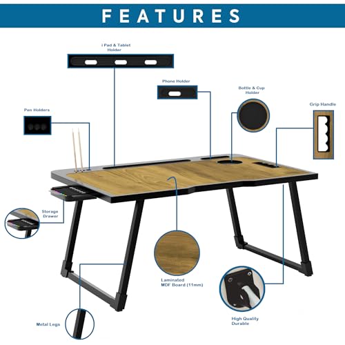 Image of Cubiker Engineered Wood Multipurpose Foldable Laptop Table with Cup Holder | Table Home Study Writing Table, Foldable and Portable /Ergonomic Edges (Wooden, 60[L] X 40[W] X 24[H] cm)