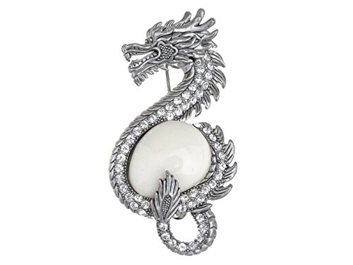 Alilang Antique Silvery Tone Frosted Crystal Stone Zodiac Chinese Dragon