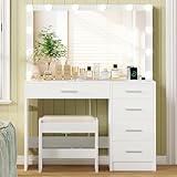 usikey Vanity Desk with Mirror and Lights, Vanity with Charging Station, Makeup Vanity with Large Mirror & 5 Drawers, Dressing Vanity Table with Stool for Bedroom, White