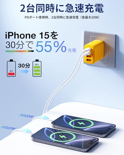 [Denkoryoku] 急速充電器 USBコンセント タイプC充電器【合計40W・PD20W×2・GaN搭載】USB-C×2・USB-A×2｜4台同時充電｜小型 軽量｜PSE適合｜iPhone/Android/タブレット対応 (イエロー)