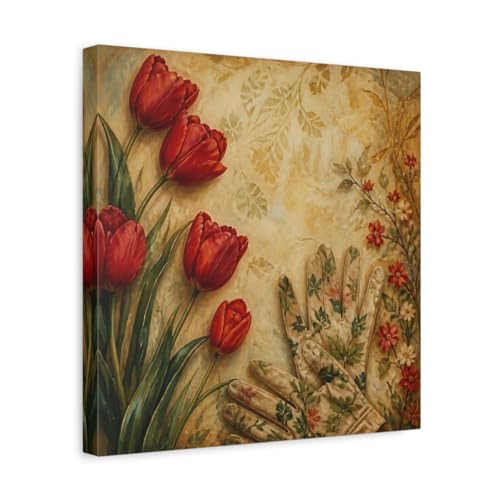 Toile tulipes rouges rétro 35x35cm résout mur vide salon