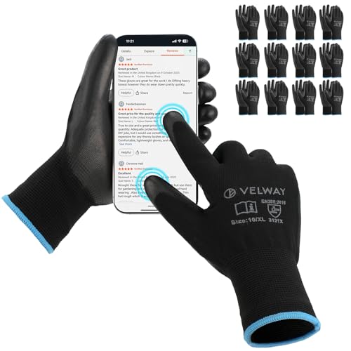 Velway Guanti da Lavoro Touchscreen 12 Paia - Resistenti all'Abrasione Rivestimento in PU Guanti Multiuso per Donna Uomo Giardinaggio Meccanica Montaggio Magazzino Bricolage - Nero Taglia 10/XL