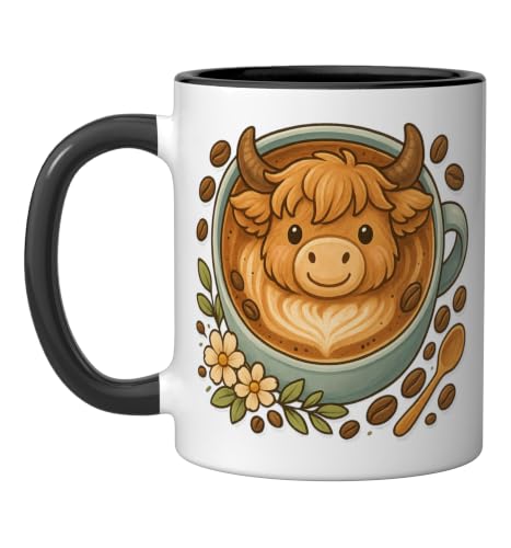 Highland Cow Latte Art Coffee Lovers Scottish Cow Ceramic Mug, Black/White, 11oz by Highland Cow Coffee Friends Co - Used condition - US$14.16
