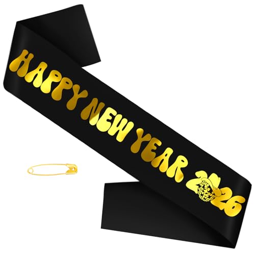 JXYCBZYing Happy New Year 2026 Sash with Gold Foil, Black Premium Grade Satin Sash, 2026 New Year's Eve Party Decorations, Ideas, Gifts, Jokes and Favors (Black + Gold)