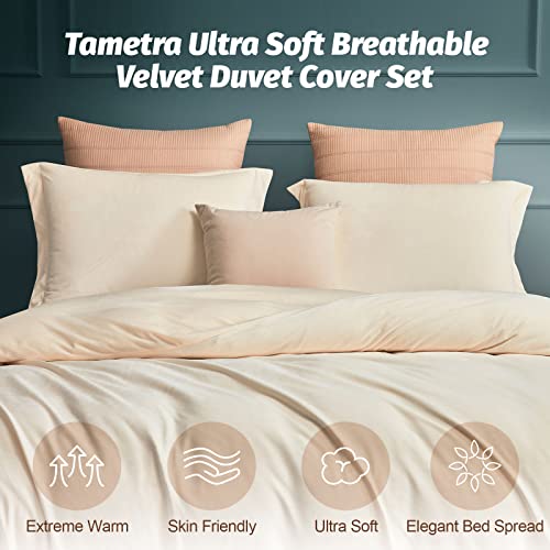 Tametra Queen Size, Ultra Soft Velvet Duvet Cover Set With Zipper Closure, Plush Brushed Microfiber Bedding, 1 Duvet Cover 90"X90" And 2 Pillow Shams (Cream) #TOP4