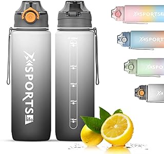 Bugucat Water Bottle 1L, Drinks Bottle with Time Markings, Jug Leak Proof,Sport Water Storage Container for Teenager Adult, Water Bottle for Gym Cycling Fitness School Outdoor