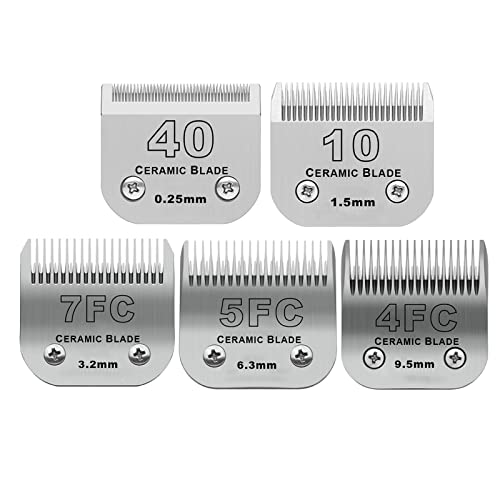 Size 40/10/7FC/5FC/4FC Detachable Pet Dog Grooming Clipper Ceramic Blades Set,Compatible with Andis,Oster A5,Wahl KM10 Series Clippers,Cut Length 1/100″(0.25mm) to 3/8″(9.5mm),5 Count