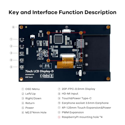 Image of Hosyond 7 Inches Touchscreen IPS LCD Display Panel 1024x600 HDMI Capacitive Touch Screen for Raspberry Pi5 /Pi4 /Pi3 /ZERO 2W, BB Black, Windows