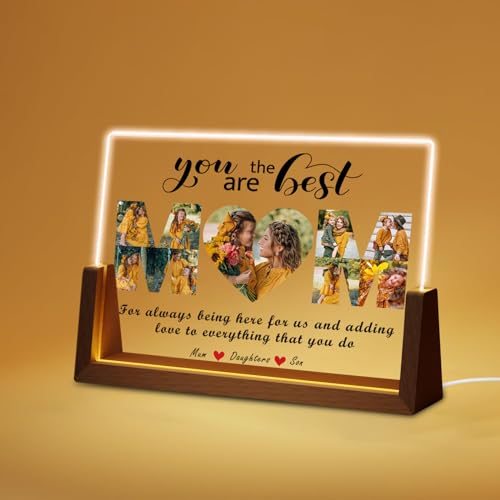 Personalized Mothers Day Gifts for Mom from Daughter Son, Customized Acrylic Plaque 8'x6' with Printed Photos、Walnut Picture Frame with LED, Mom Gift Ideas for Mother's Day Birthday Christmas (MOM-9)