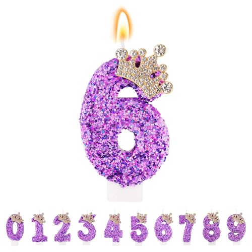 TESGADGETS Velas de cumpleaños lilas, velas de cumpleaños con coronas combinables y número 6 para pasteles, vela brillante con el número 6 como adorno para celebraciones de aniversarios