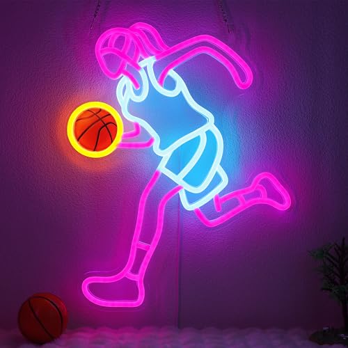 OkiyiD Basketball Neon Sign for Girls - Dimmable Sport Wall Decor with USB Power,Unique Gifts for Basketball Girls Women, LED Neon Lights for Friends College Dorm Basket Ball Fans Accessories
