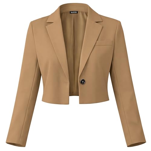 ELLEVEN Womens Cropped Blazer Business Casual Open Front Long Sleeve One Button Jacket