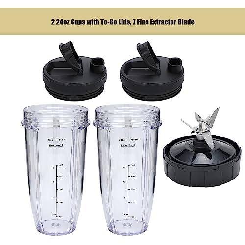 24oz Blender Cups and 7 Fins Blade for Ninja Nutri BN401, BN400, BN801, BN800, Replacement Cups with Sip and Seal Lids. (2Pcs 24oz Cups+1 Pc Blade)- BPA Free.