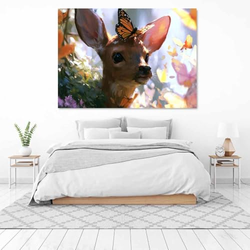 Déco salon peinture sur toile animaux mignons cerf monarques - 3