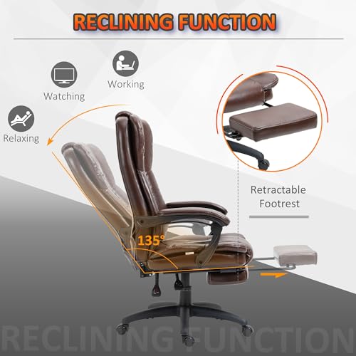 Siutco High Back Massage Office Chair with 6-Point Vibration, 5 Modes, Executive Chair, PU Leather Swivel Chair with Reclining Back, and Retractable Footrest, Brown