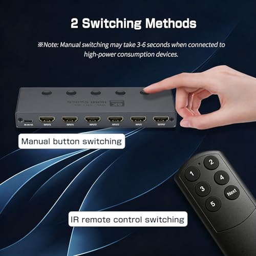 Image of Enbuer 8K HDMI 2.1 Switch, HDMI 2.1 Switcher 5 in 1 Out Supports CEC 8K@60Hz, 4K@240Hz, 1080P@480Hz, HDCP 2.3 HDR 3D Dolby Atmos VRR Compatible with PS5 Xbox Blu-Ray Player with IR Remote Controller