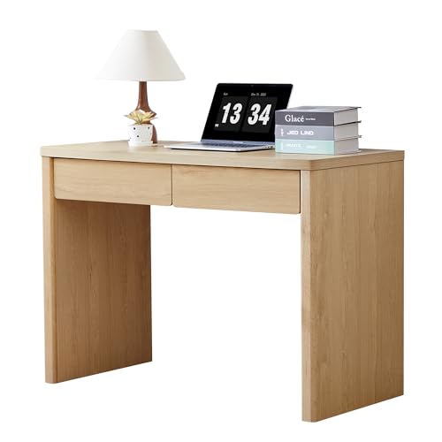 affeivul 43 Inch Small Computer Desk with 2 Drawers, Mid Century Modern Writing Study Table for Home Office, Vintage PC Work Desk with Storage for Bedroom Small Spaces, Easy Assembly, MDF - Natural