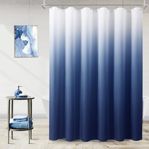 Blue and White Shower Curtain Stall Fabric 54x78 ，54 Inch Linen Textured Narrow Cloth Bath Curtain Set with 8 Metal Hooks, Hotel Luxury Ombre Shower Curtains for Bathroom, 54x78 Inches, Navy Blue