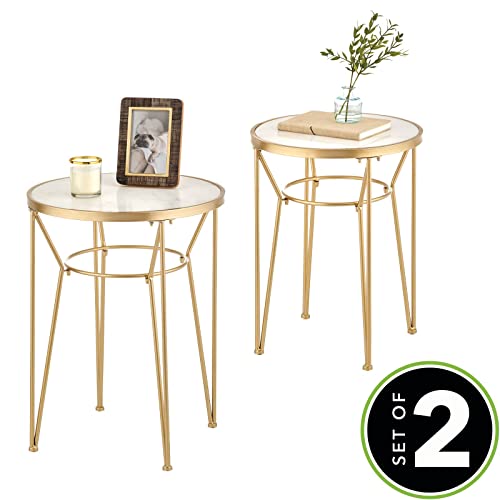Mdesign Round Metal In-Lay Accent Table With Hairpin Legs - Side/End Table - Decorative Legs, Marble Top - Home Decor Accent Furniture For Living Room, Bedroom - Set Of 2 - Soft Brass/Marble #TOP1