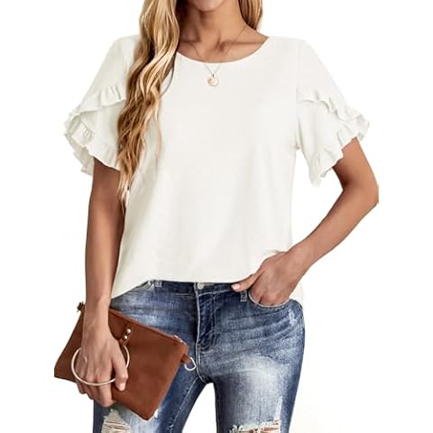 AWULIFFAN Women's Casual Short Sleeve Tops Summer Crew Neck Eyelet Dressy Tunic Blouses Fashion (Beige,XX-Large) Cover