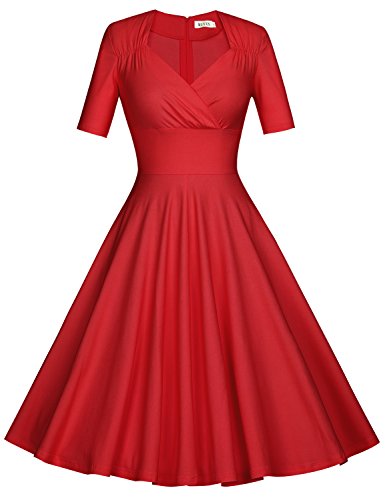 MUXXN Women's 50s Retro Solid Swing Dress (M, Red)