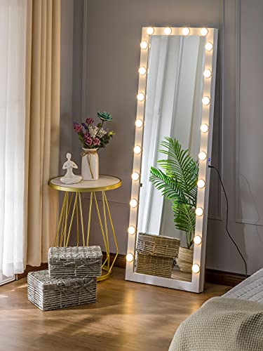 LUXFURNI Floor & Full Length Mirrors, Large Standing Body Mirror with Lights, Tall Cheval Mirror for Bedroom, White