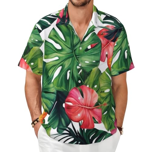 Camisa Informal de Manga Corta para Hombre con Estampado de Hojas Tropicales - Camisa Playera de Verano con Botones y Bolsillo