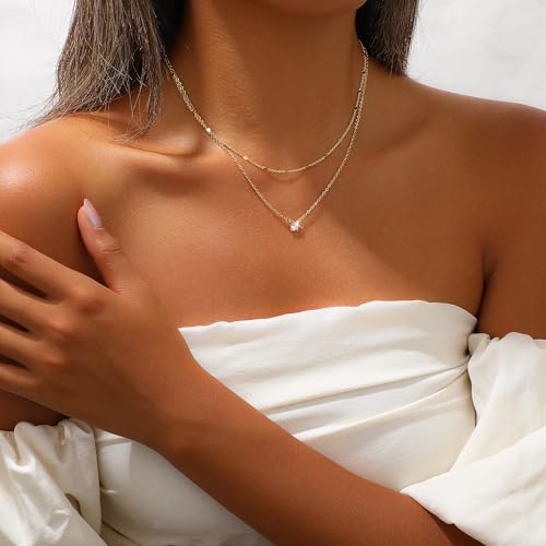 Gold Layered Necklace for Women,Dainty 14K Gold Plated Pendant Necklace Simple Charm Chain Choker Necklace Trendy Jewelry for Women3
