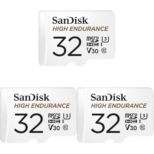 SanDisk HIGH ENDURANCE Video Monitoring for Dashcams & Home Monitoring 32 GB microSDHC Memory Card + SD Adaptor, Up to 100 MB/s read and 40 MB/s Write, Class 10, U3, V30, White (Pack of 3)