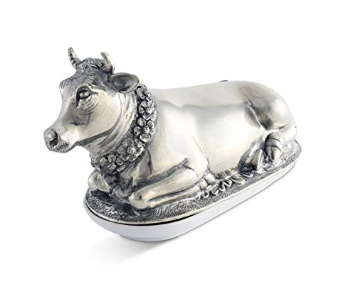Vagabond House Pewter Metal Mabel The Cow Covered Butter Cream Cheese Dish Container Keeper Heirloom Quality With Stoneware Tray Base 8.5 Inch Long #TOP3