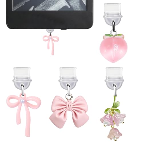 sunla 4Pcs Charms for Kindle, Pink Bow Dust Plug Charm Compatible with E-Reader, Phone, Ipad with Type C/USB C Charging Port-CP001