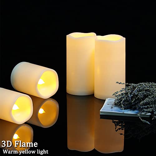 Lezonic Outdoor Waterproof Flameless Pillar Candles, Led Battery Operated Candles With Timer And Remote, Pack Of 4 Ivory Flickering Flameless Candles Warm Yellow Light(D:3.25×H:6) For Lanterns #TOP1