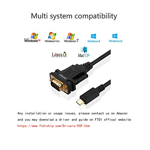 Image of USB-Cto RS232 DB9 Serial Cable Male Converter Adapter with FTDI Chipset for Windows 11,10, 8.1, 8, 7, Vista, XP, 2000, Linux and Mac OS X 10.6 (10ft)