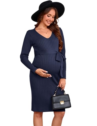 YesFashion Damen Umstandskleid Langarm Kleider Lässig Schwangerschaftskleid Gerippt Umstandsmode
