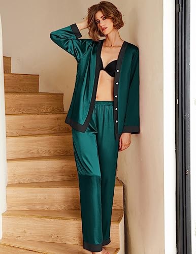 Ekouaer Pajamas Sets For Women Silk Pj Set Long Sleeve Pjs Solid Color Lounge Set With Pockets,Dark Green,M #TOP2