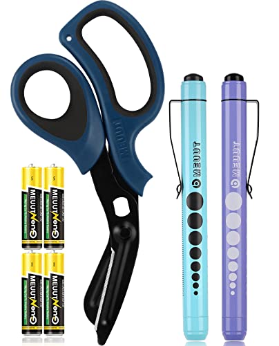 Meuut 3 Pack Medical Scissors Penlights For Nurse Kits- Two Medical Pen Lights With Four Batteries, One 8" Patented Trauma Shears Bandage Scissors For First Aid Emt #TOP9