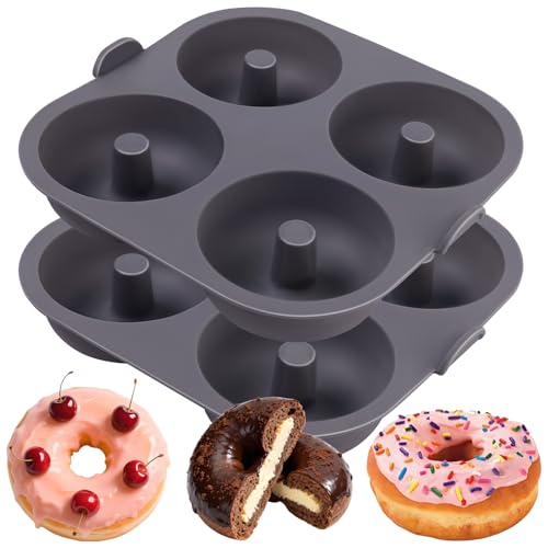 Butabeishy Silikon-Donut-Formen für die Heißluftfritteuse, 2er-Set, 8-fache Antihaft-Donut-Formen mit Tragegriff, Donut-Bagel-Backform für Muffins, spülmaschinenfest, grau
