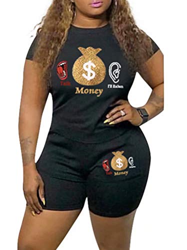 Ramoug Women's Letter Print Round Neck Sweatshirts Bodyocn Shorts Set Jogger Outfits M Deep Pink #TOP1