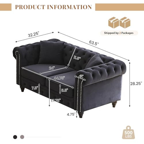 Image of Modern Chesterfield Sofa Couch, 63.5-inch Velvet Fabric Loveseat Sofa with Rolled Arms and Tufted Button for Living Room, Office, Black