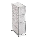 CARACTERÍSTICAS - La pequeña cómoda tiene el tamaño perfecto para su baño o habitación. La cajonera tiene una altura de 57 cm, con un largo (fondo) de 28 cm, y un ancho (de lado a lado) de 15,5 cm. El peso es de 1,92 kg y está hecho de cestas de nylon y la estructura de metal. Color: Cajones blancos y estructura negra.